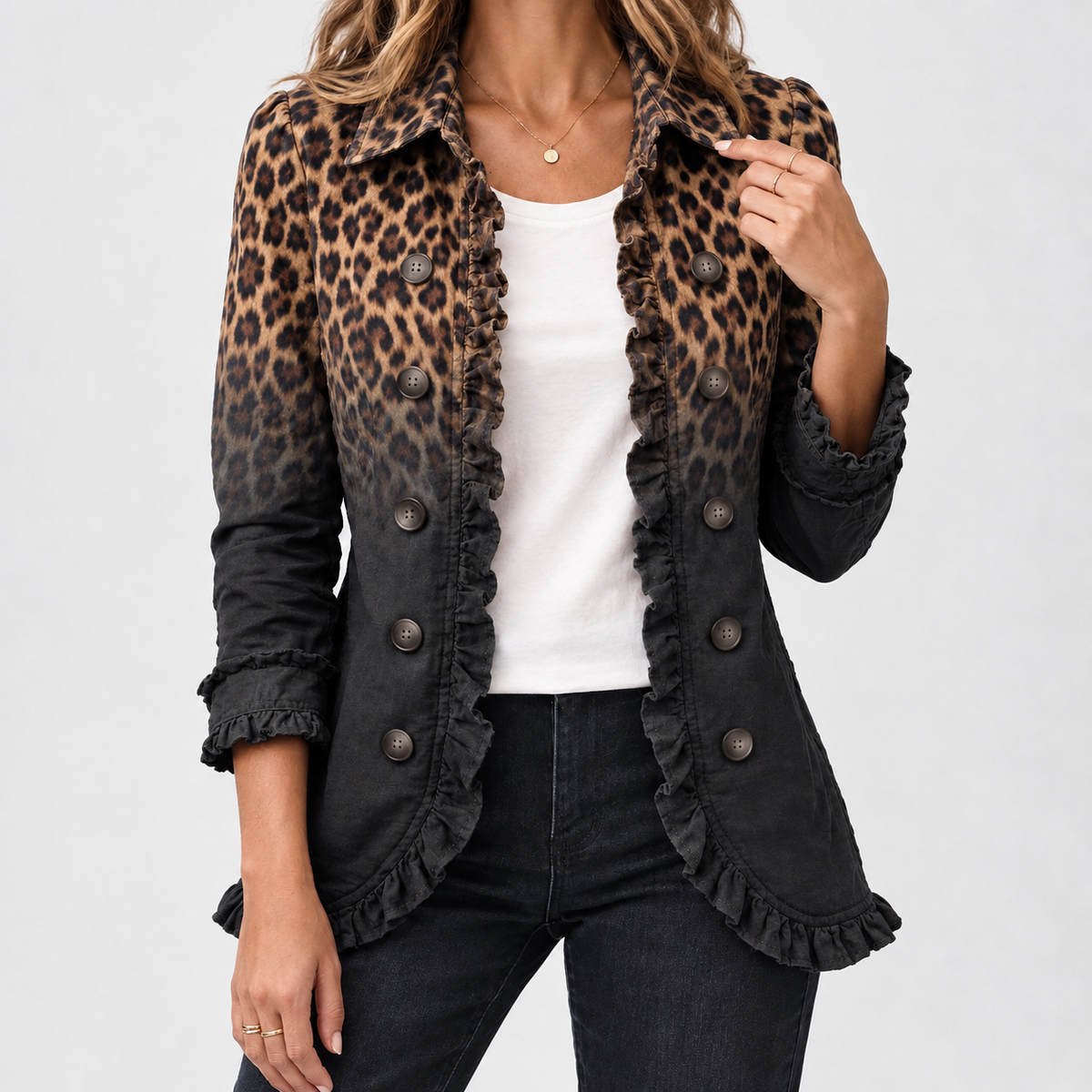 Scotby Ruffle Trim Jacket - Black Leopard