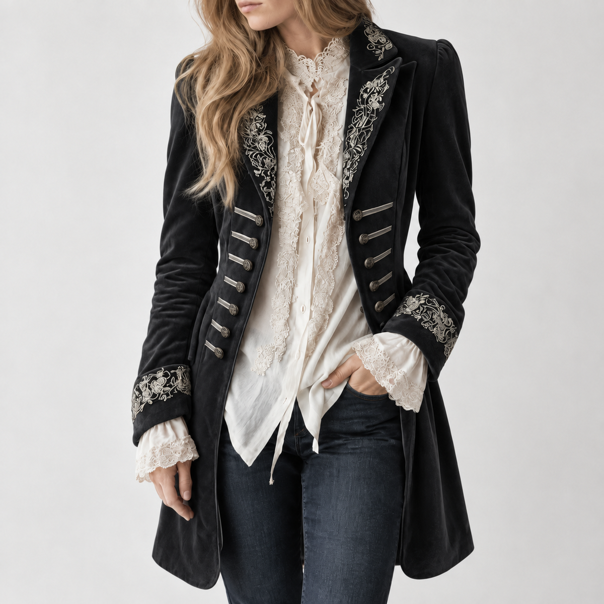 Paloma Embroidered Coat - Black