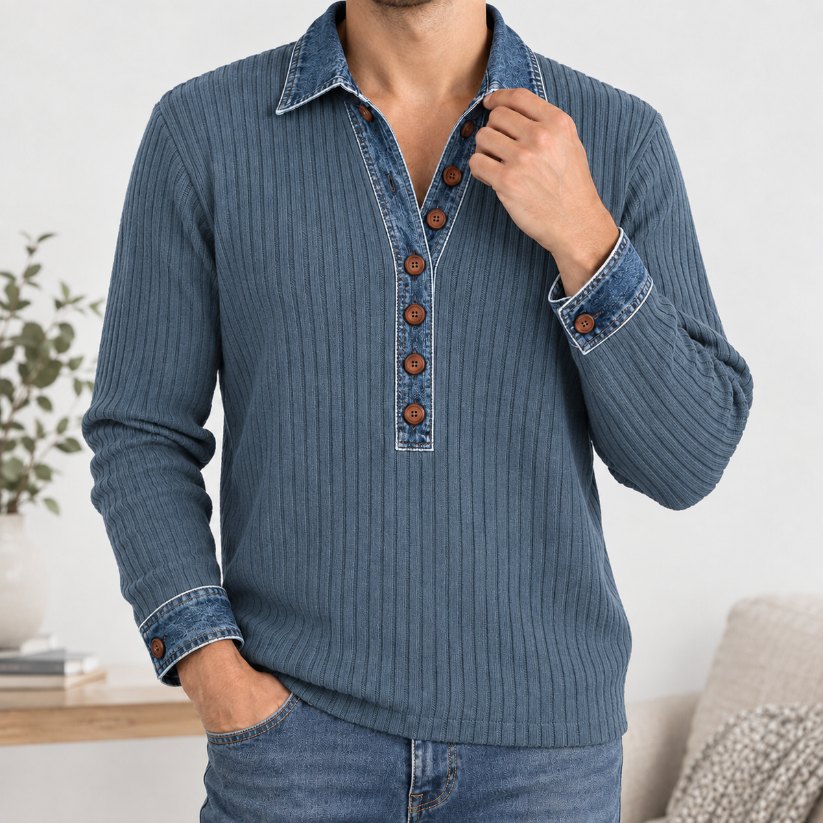 Marco Denim Collar Top - Gray Blue