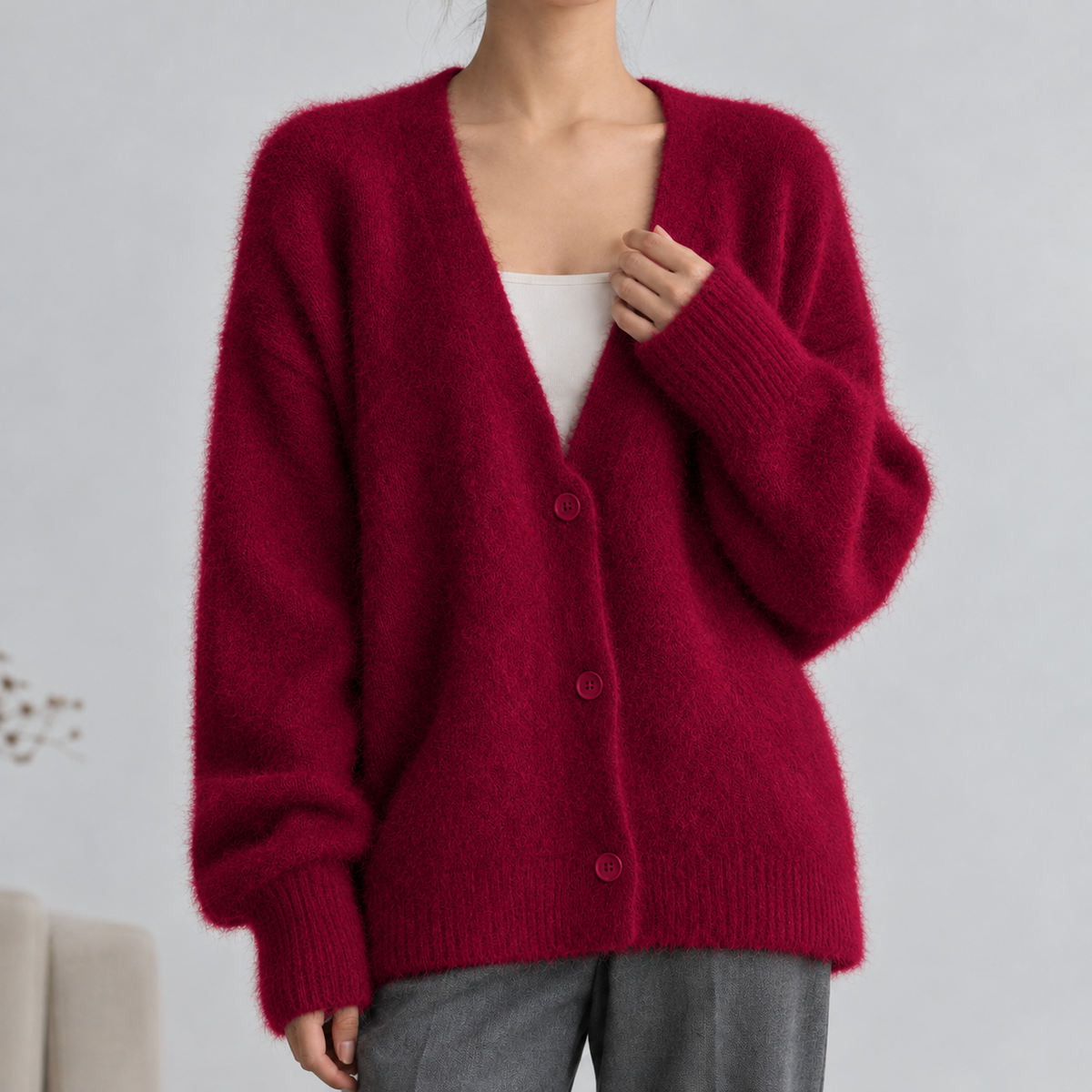Beelsby Fuzzy Cardigan - Wine Red