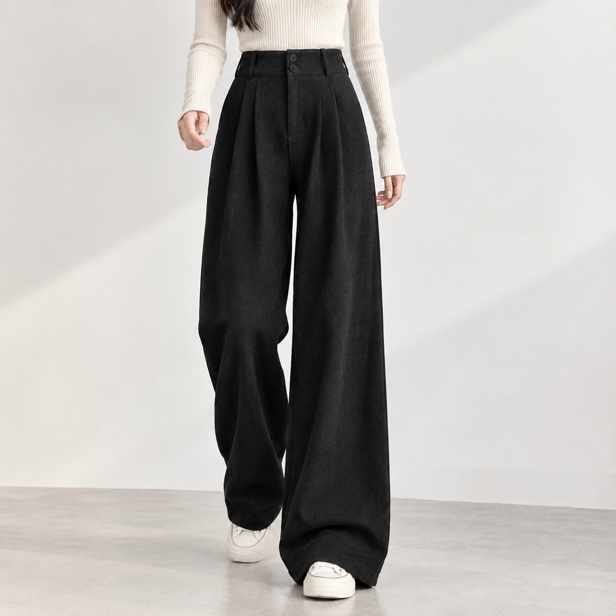 Fearby Pleated Wide Leg Pants - Black -european