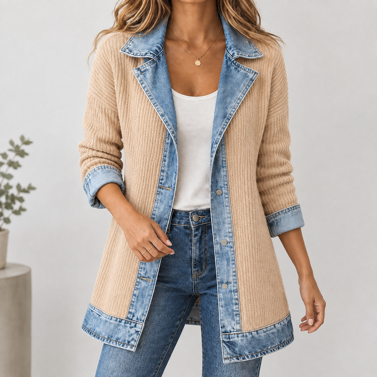 Anouska Denim-Trim Jacket - Apricot