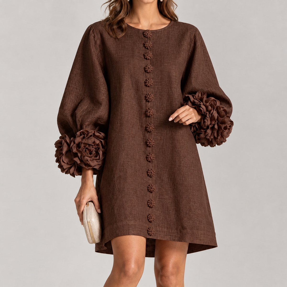 Porkellis Floral Cuff Dress - Dark Brown
