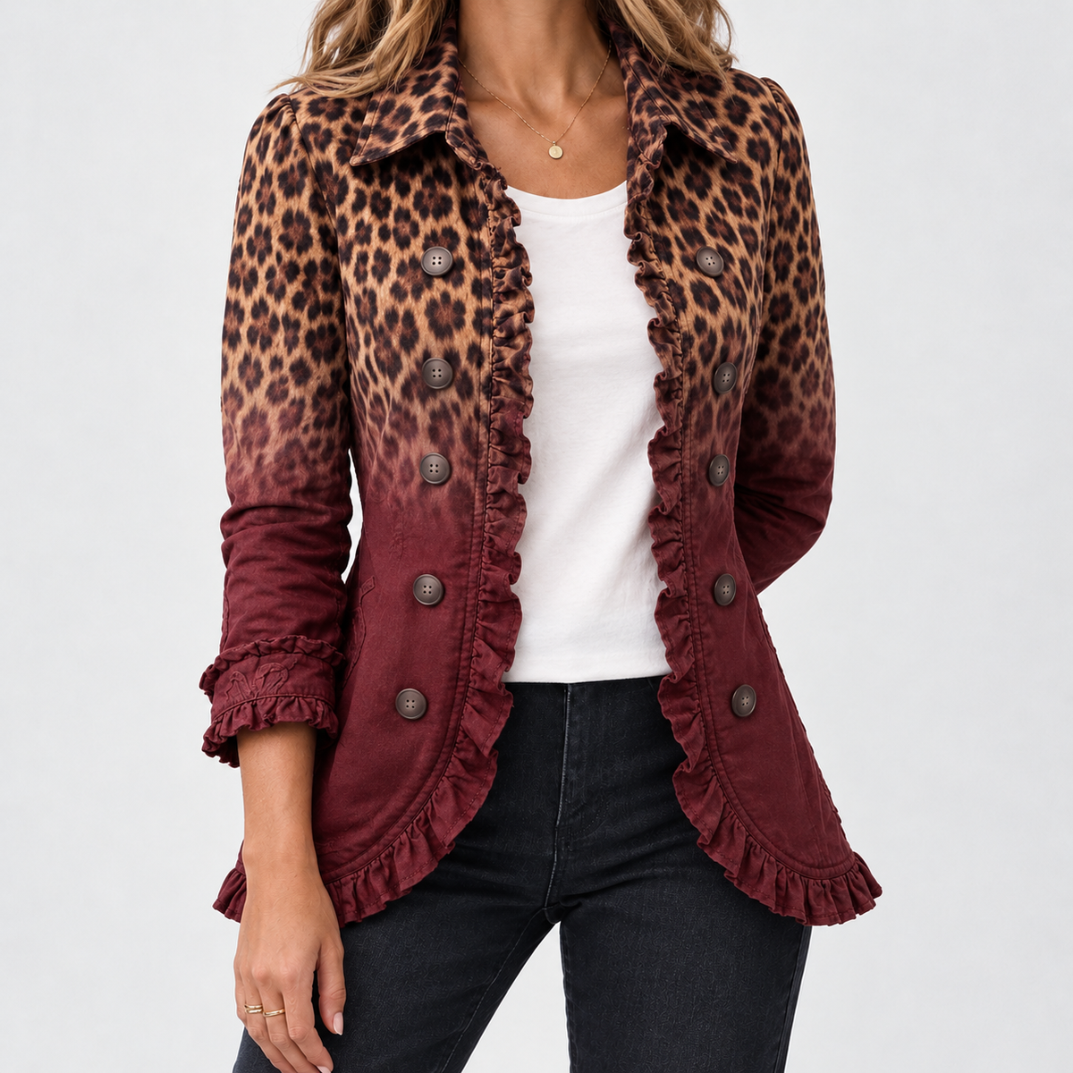 Scotby Ruffle Trim Jacket - Burgundy Leopard