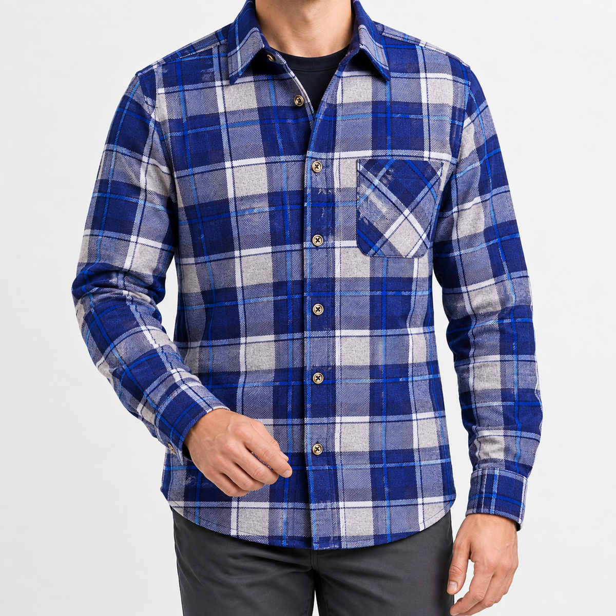 Duns Fleece Lined Shirt - Cobalt Blue Gray Plaid