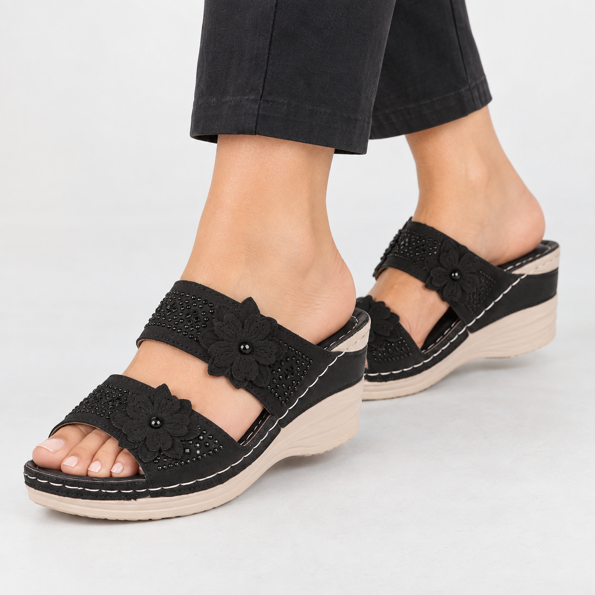 Rizzi Floral Wedge Sandals - Black