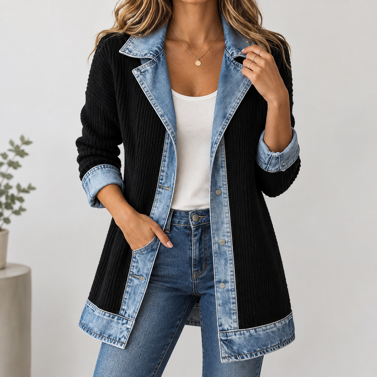 Anouska Denim-Trim Jacket - Black