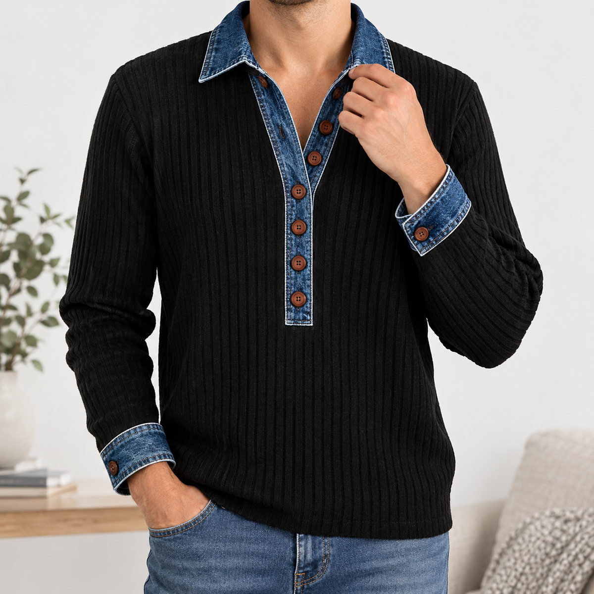 Marco Denim Collar Top - Black