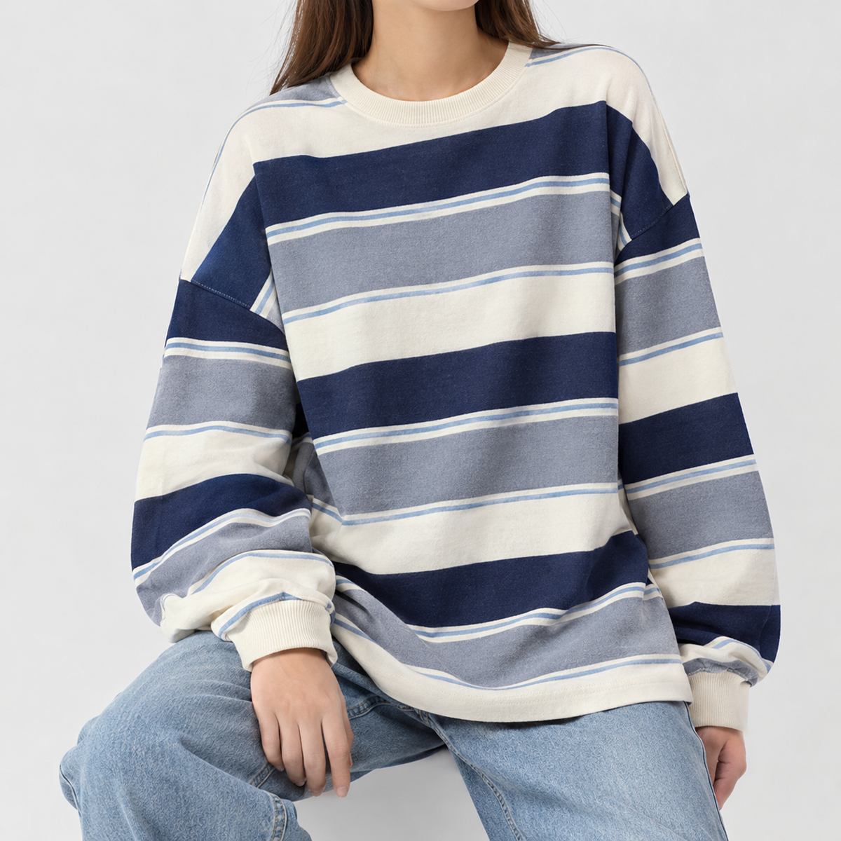 Wharmton Striped Crewneck Top - Blue Gray