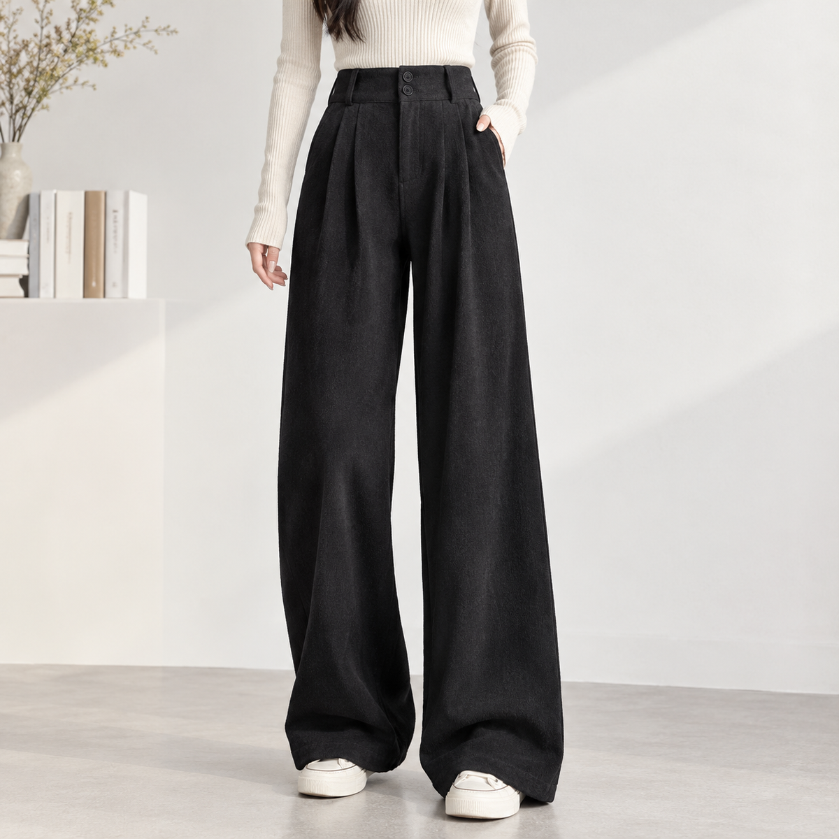 Fearby Pleated Wide Leg Pants - Black