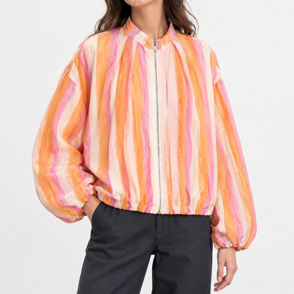 Odette Striped Bomber Jacket - Orange Pink Stripe