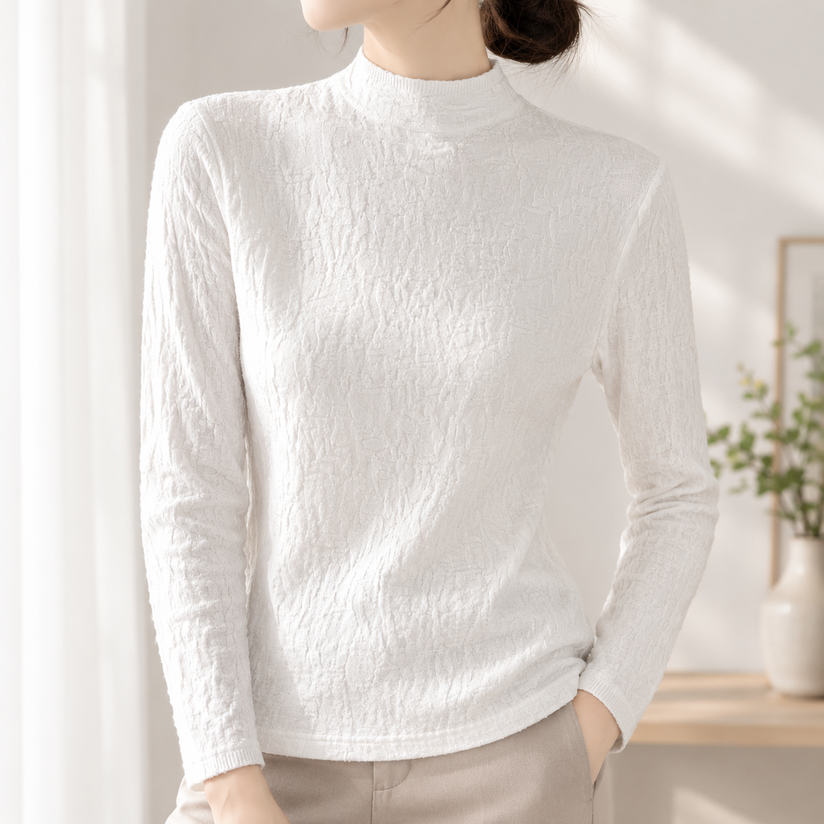 Valentina Textured Mock Neck Top - White