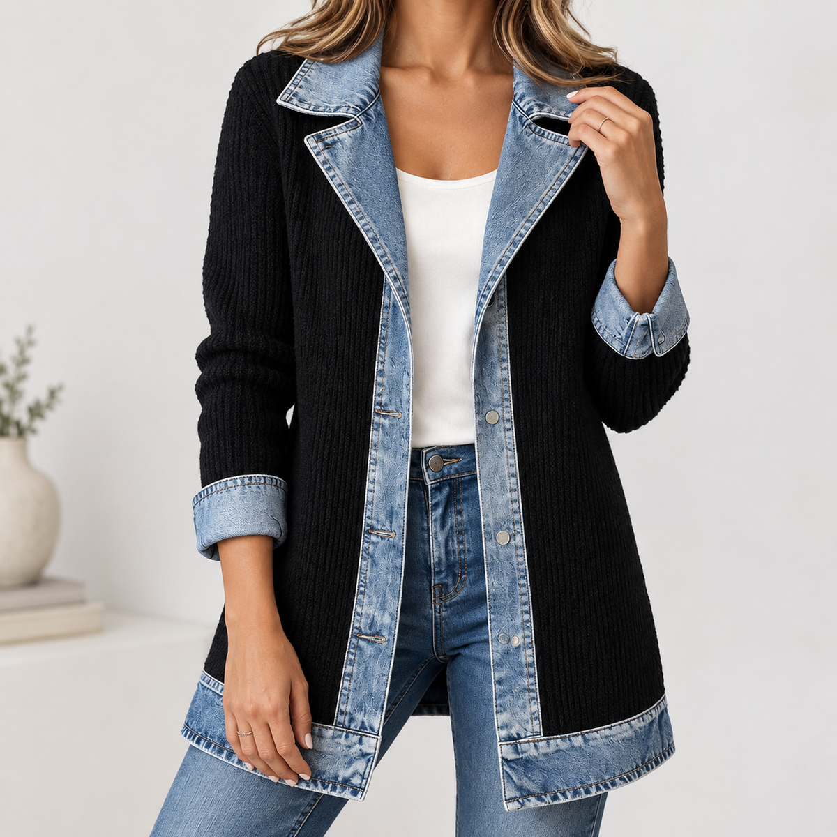 Anouska Denim-Trim Jacket - Black