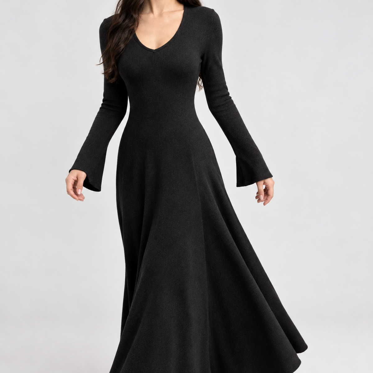 Monyash Flared Maxi Dress - Black V-neck Waist