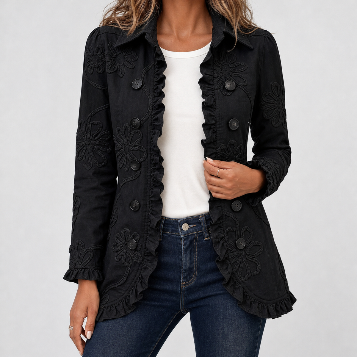 Winsford Floral Ruffle Jacket - Black