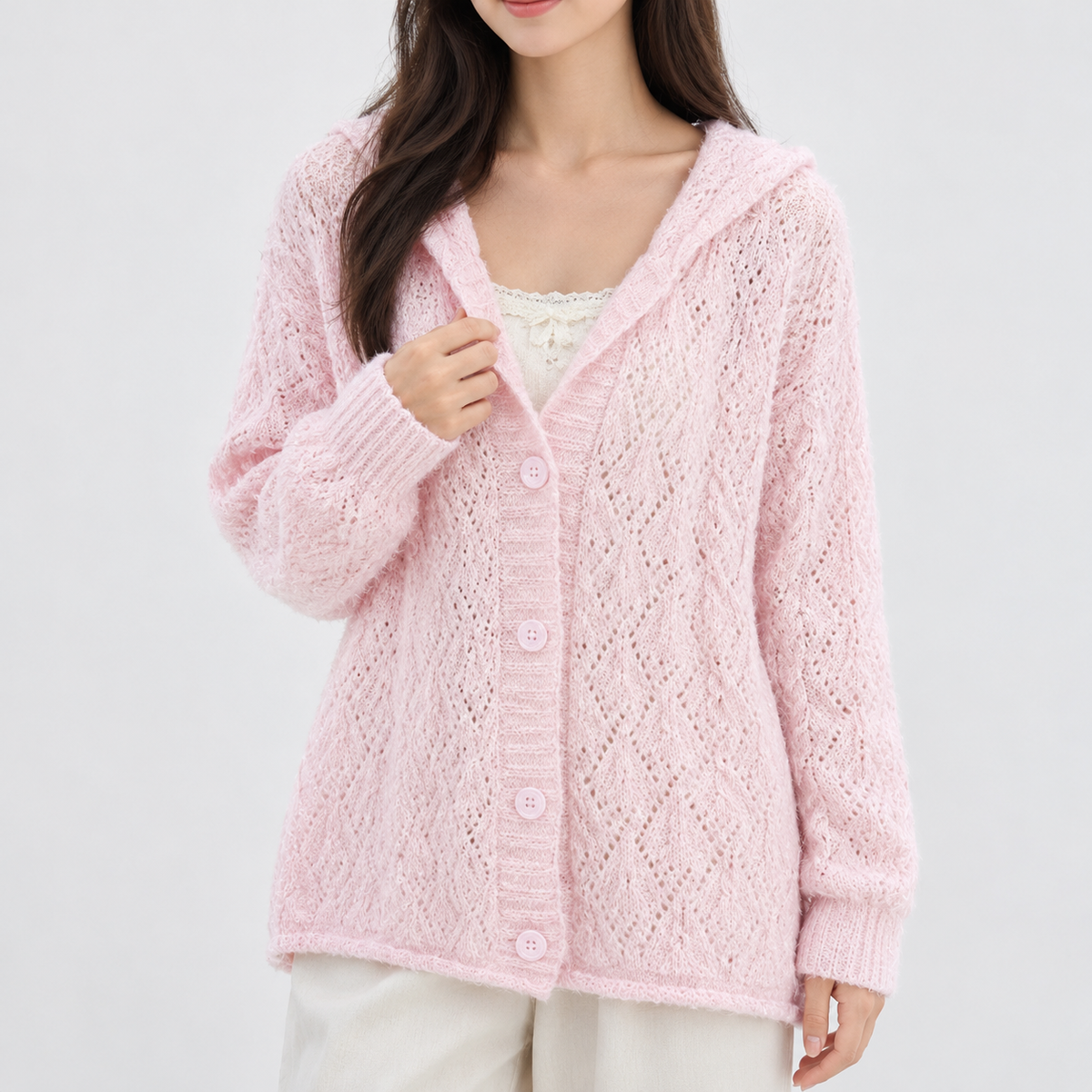 Foxup Hooded Cardigan - Pink