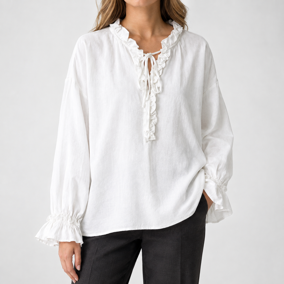Broomhaugh Ruffle Neck Top - White