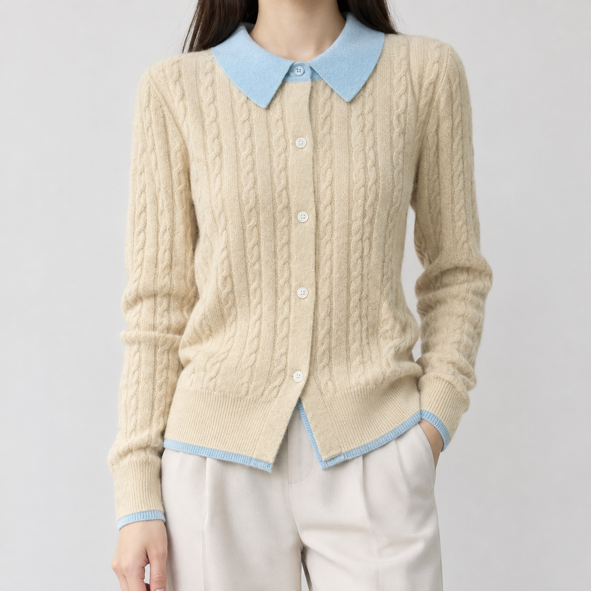 Bourton Cable Knit Cardigan - Beige Blue Collar