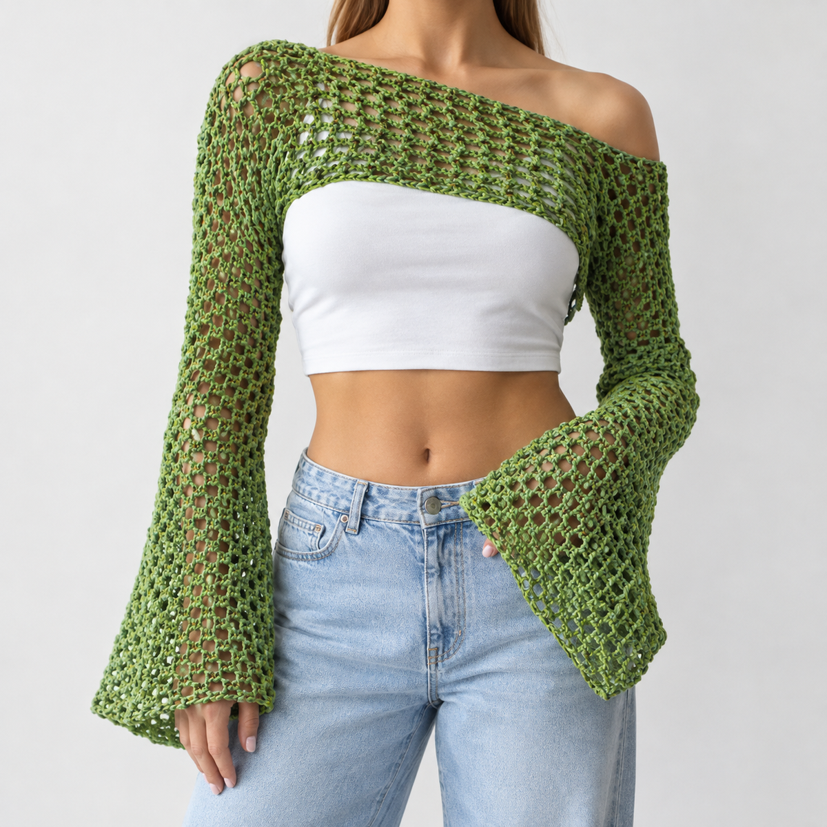Crakehall Open Knit Shrug - Green