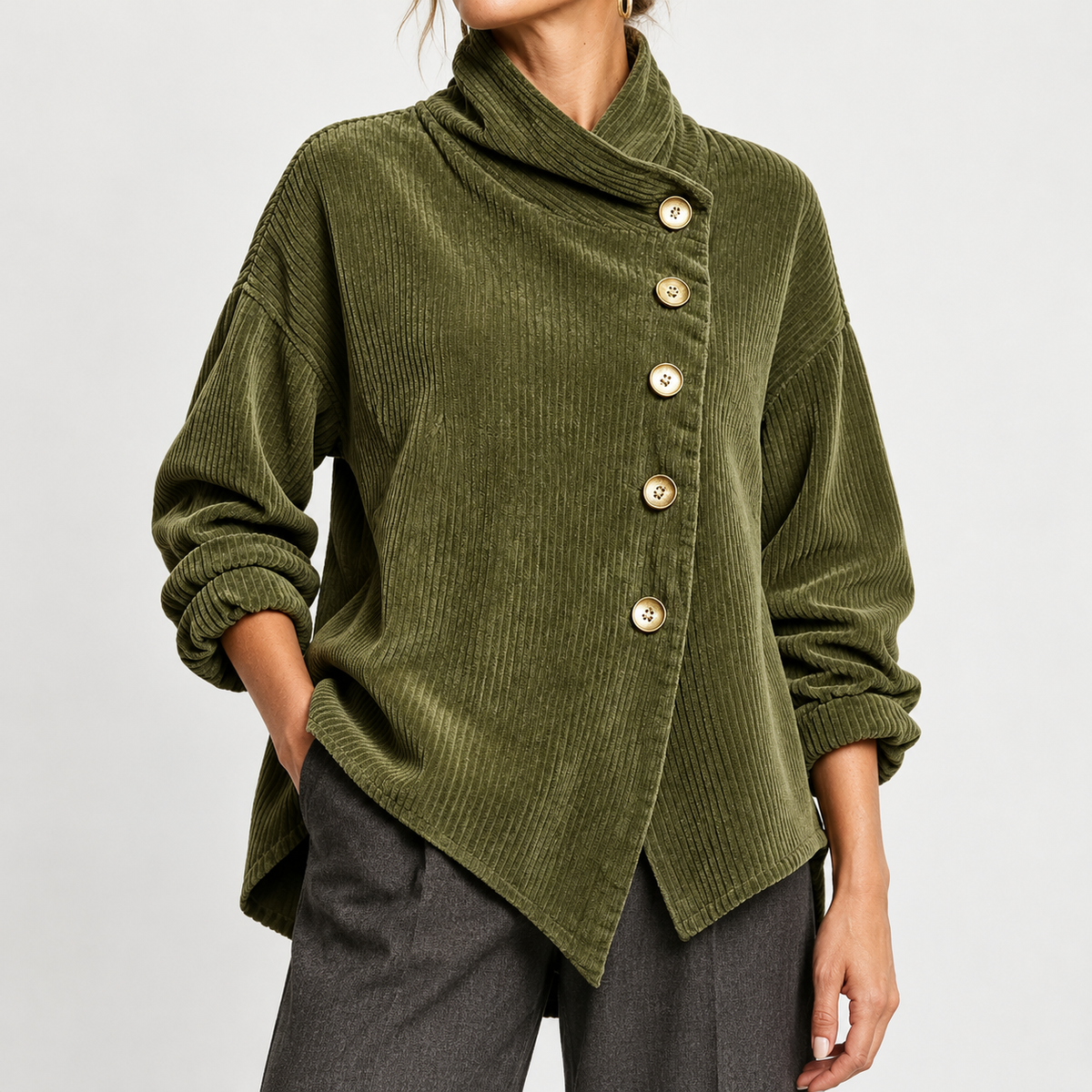 Haystacks Asymmetric Corduroy Top - Army Green