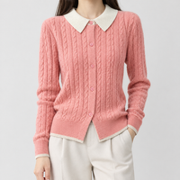 Bourton Cable Knit Cardigan - Pink White Collar