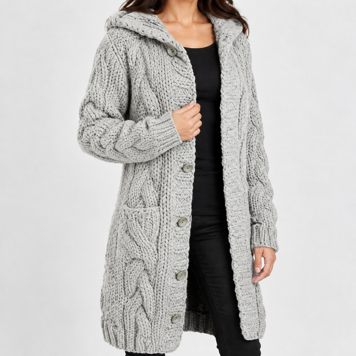 Yondercott Hooded Cable Cardigan - Light Gray