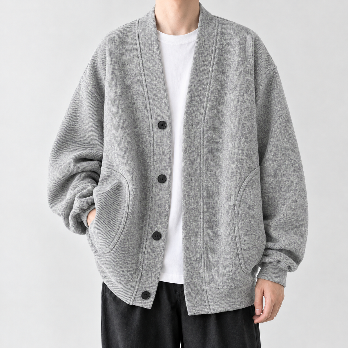 Troutbeck Waffle Cardigan - Light Gray