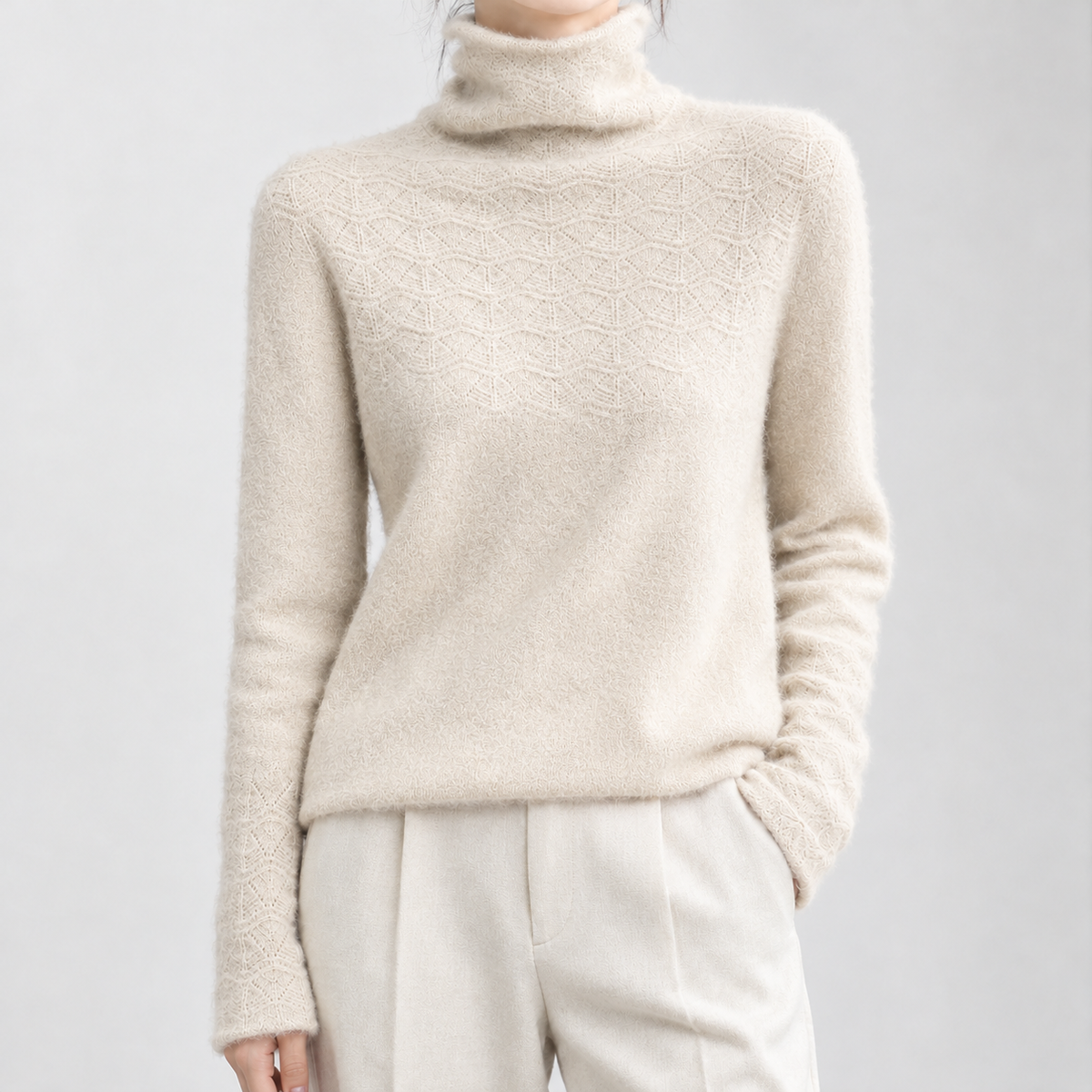 Woolcombe Pointelle Turtleneck Sweater - Raw Rice