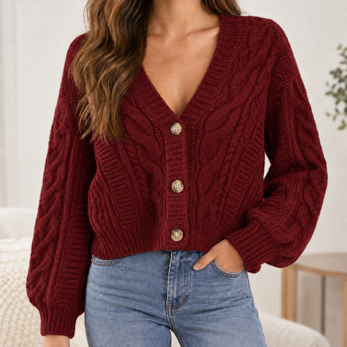 Wickhamford Cable Cardigan - Red