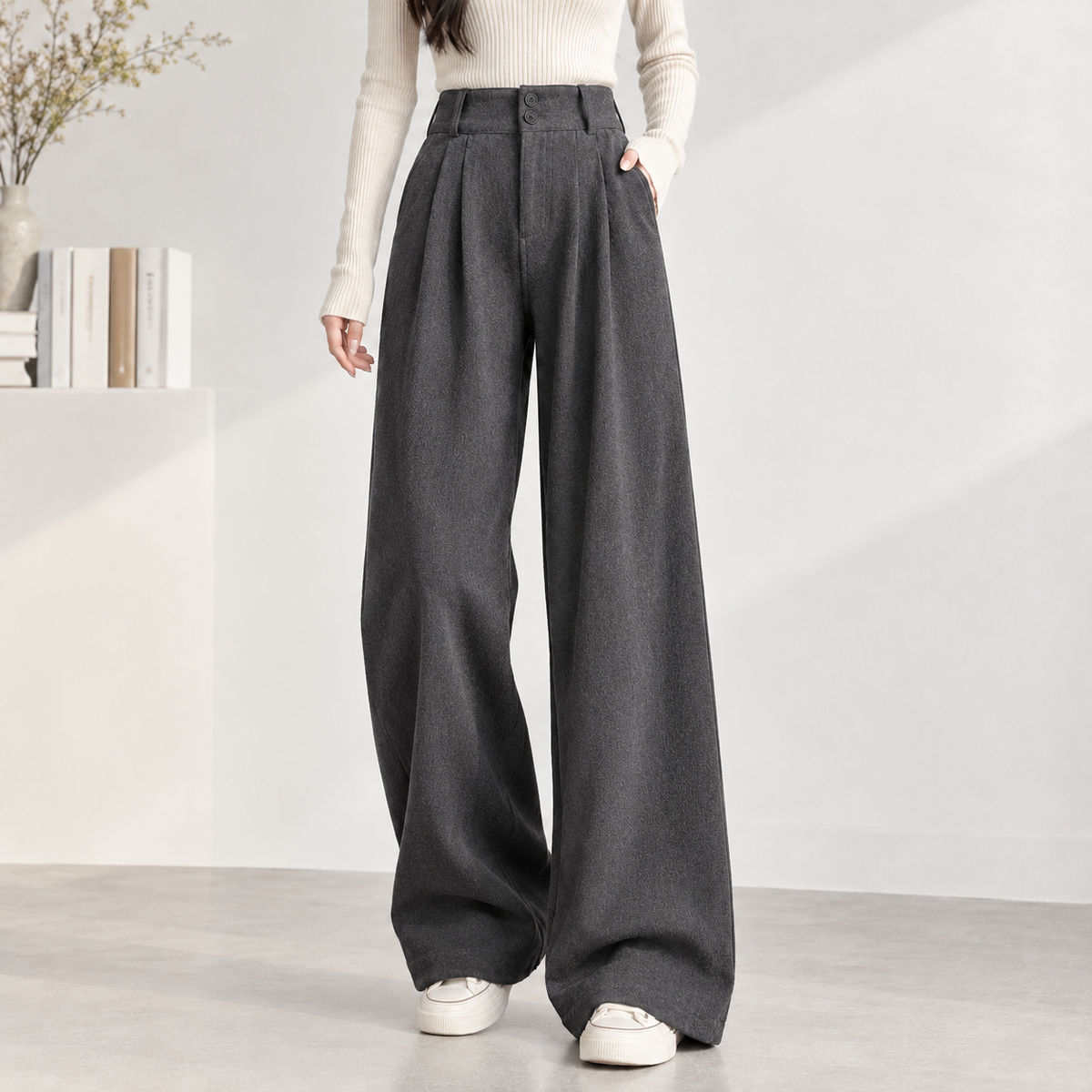 Fearby Pleated Wide Leg Pants - Dark Gray