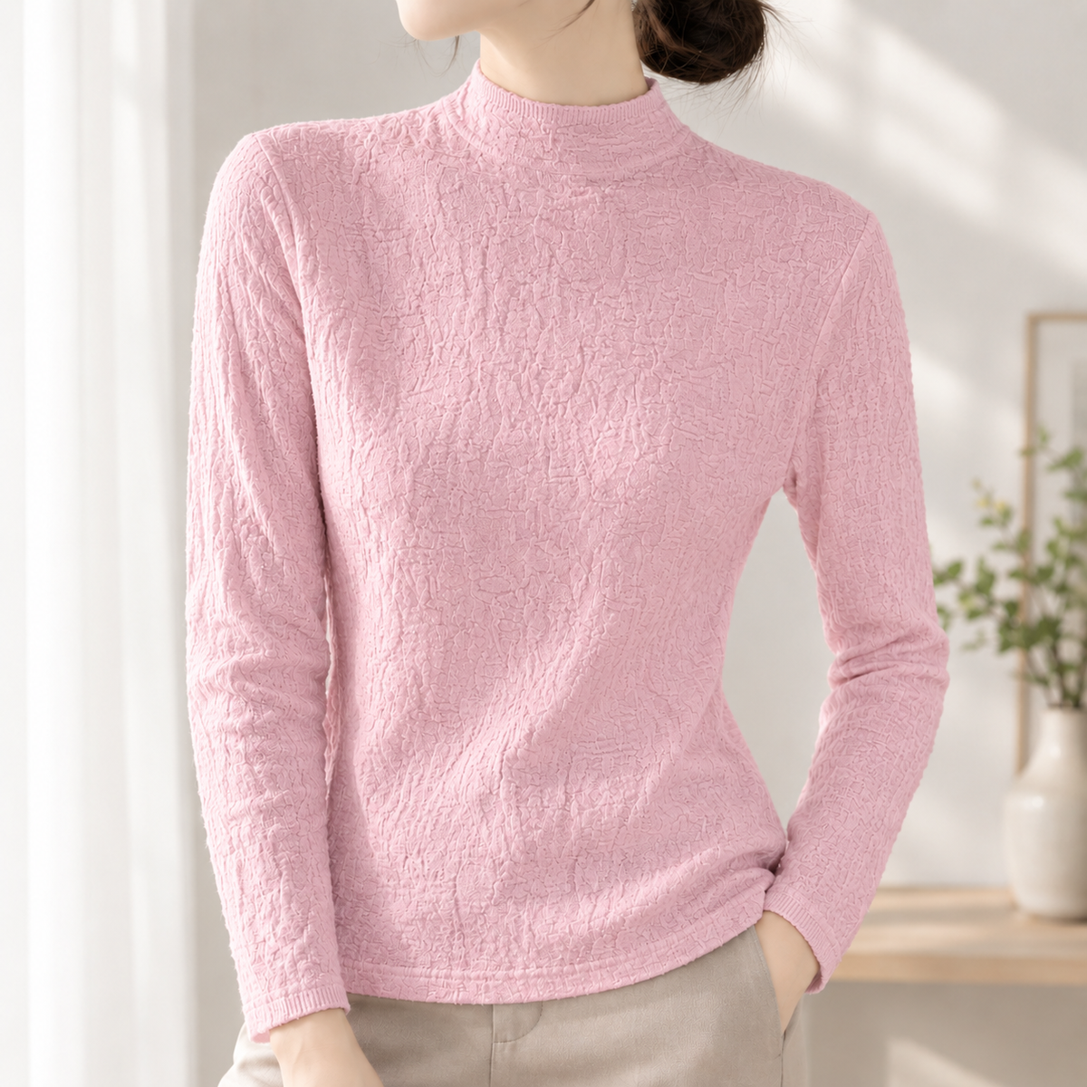 Valentina Textured Mock Neck Top - Pink