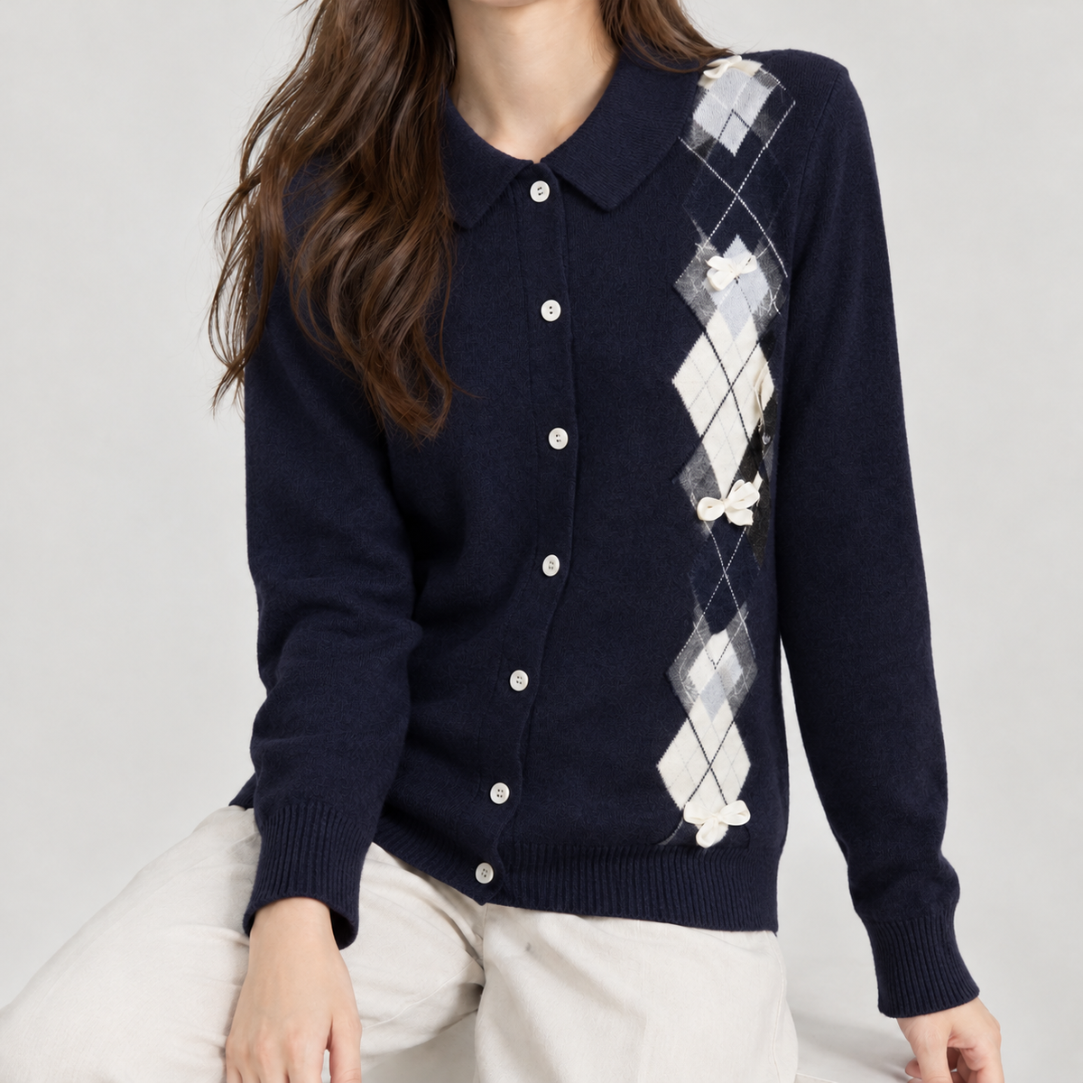 Reagill Argyle Polo Cardigan - Navy