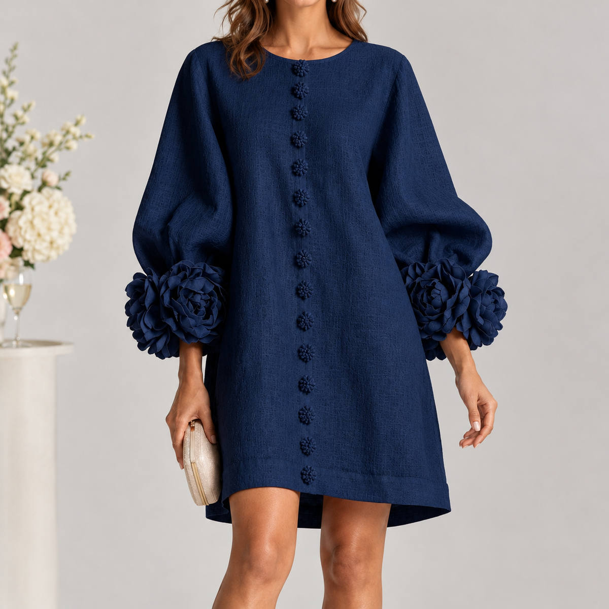 Porkellis Floral Cuff Dress - Navy Blue