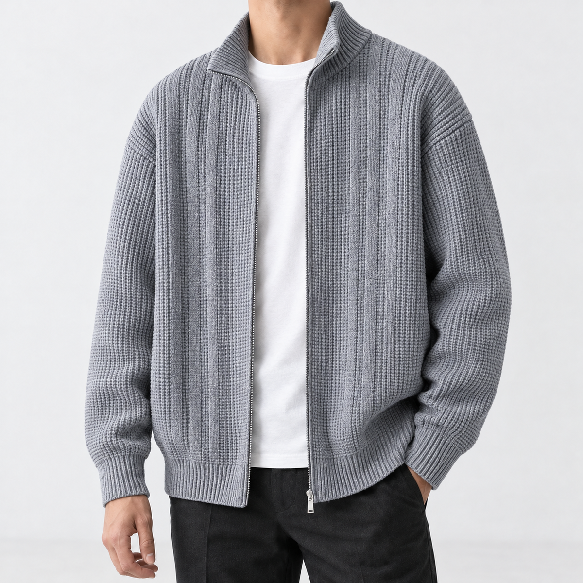 Deancombe Ribbed Zip Cardigan - Gray