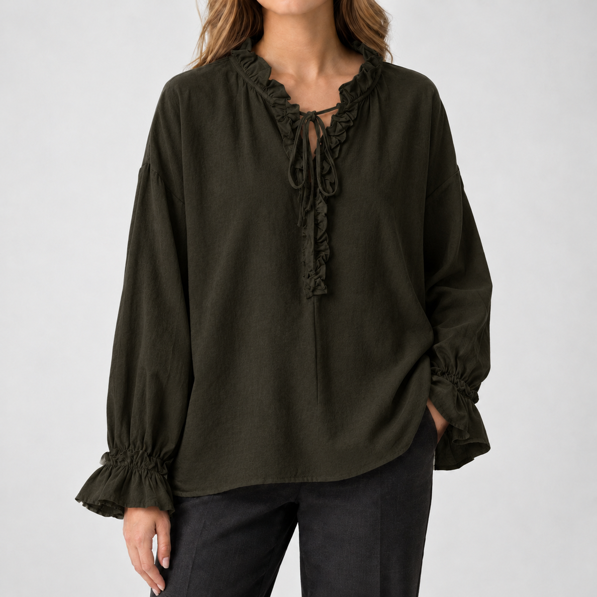 Broomhaugh Ruffle Neck Top - Dark Green