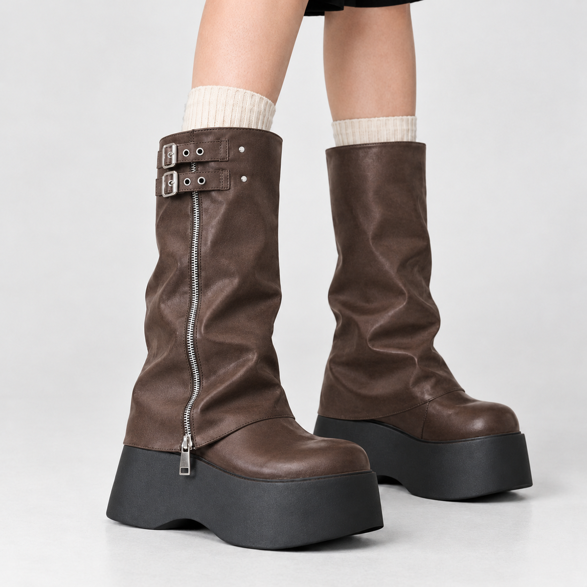 Holnest Buckle Platform Boots - Brown