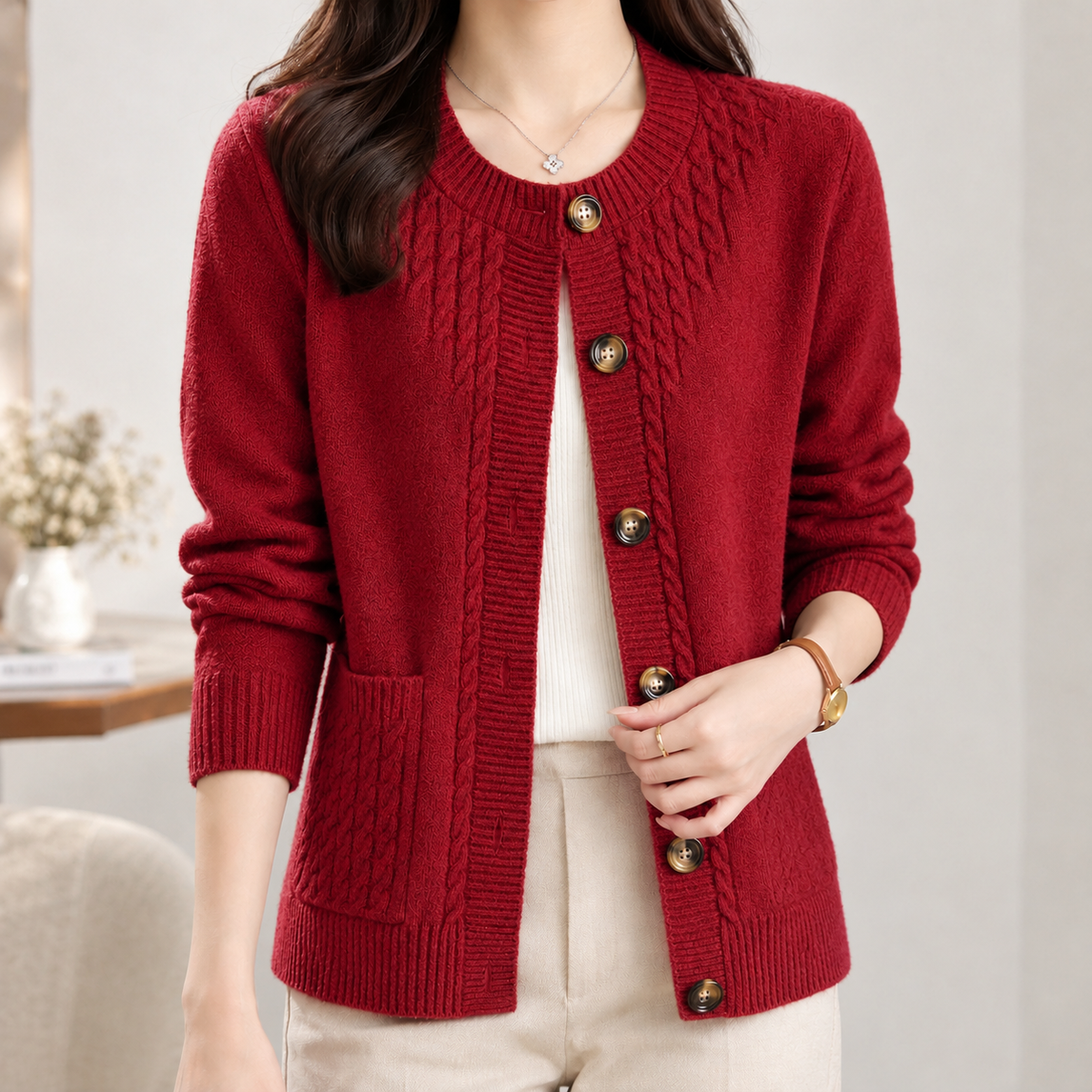 Borrowdale Cable Knit Cardigan - Red