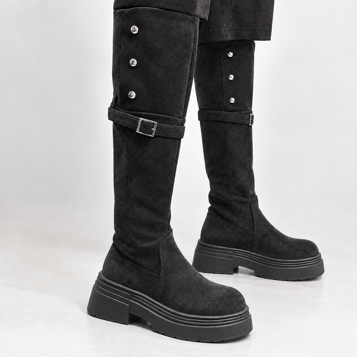 Pudleston Buckled Knee High Boots - Black