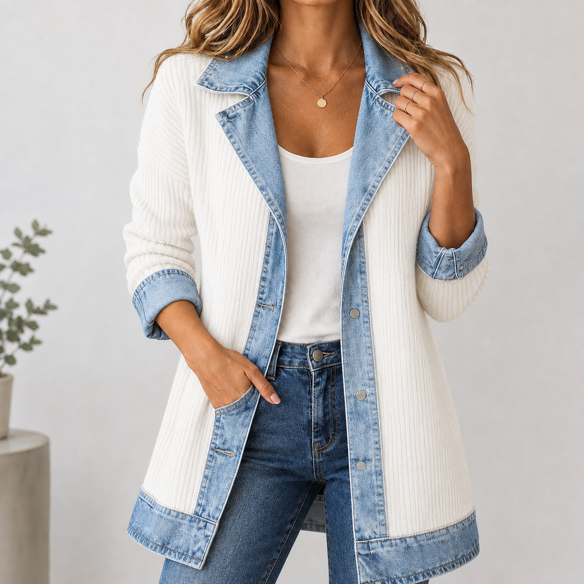 Anouska Denim-Trim Jacket - White