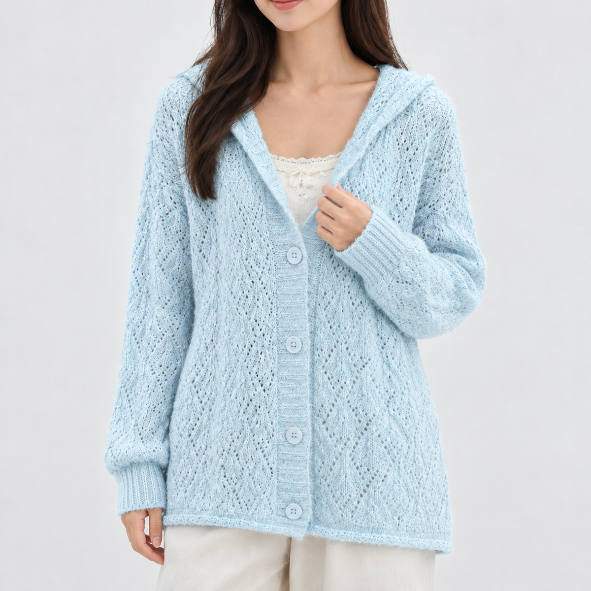 Foxup Hooded Cardigan - Light Blue