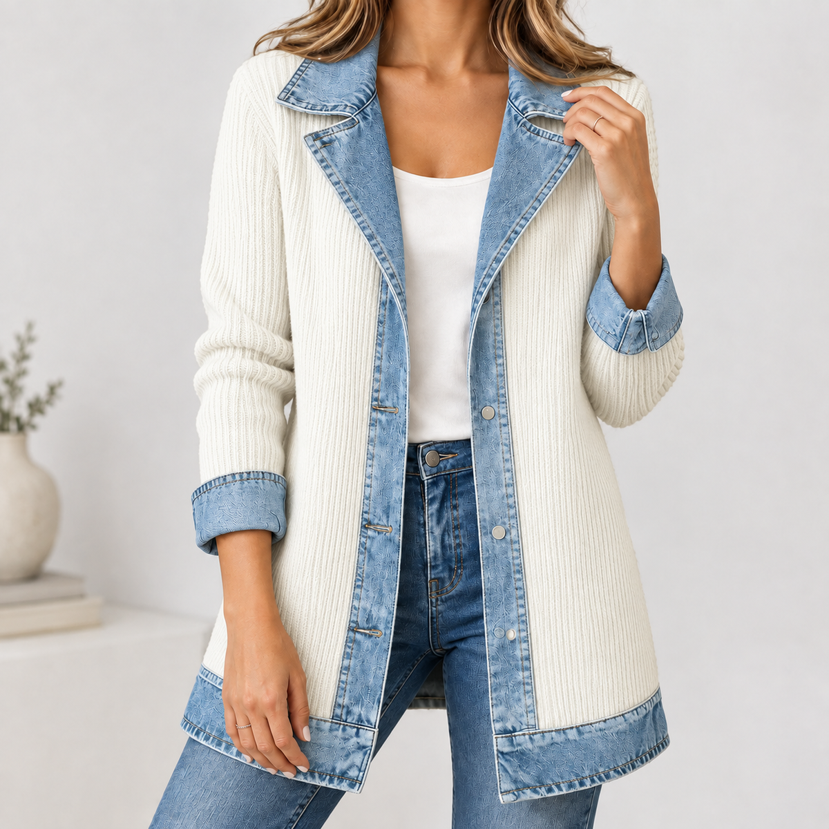 Anouska Denim-Trim Jacket - White