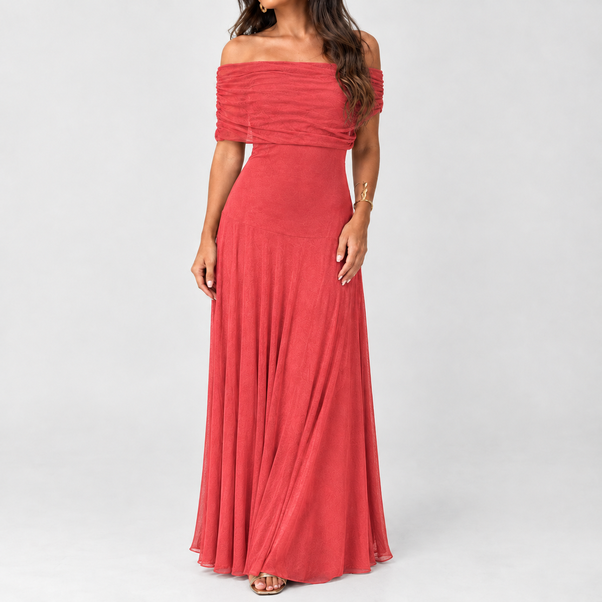 Deepdale Off Shoulder Dress - Coral Red