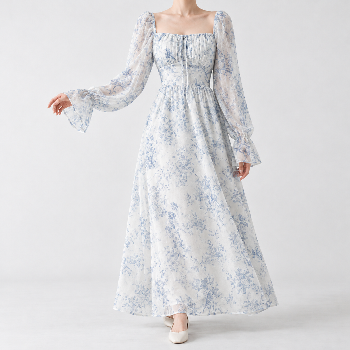 Beaulieu Square Neck Dress - Blue Toile