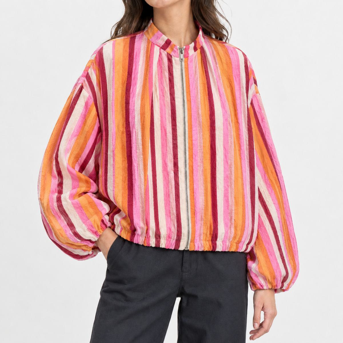 Odette Striped Bomber Jacket - Red Stripes