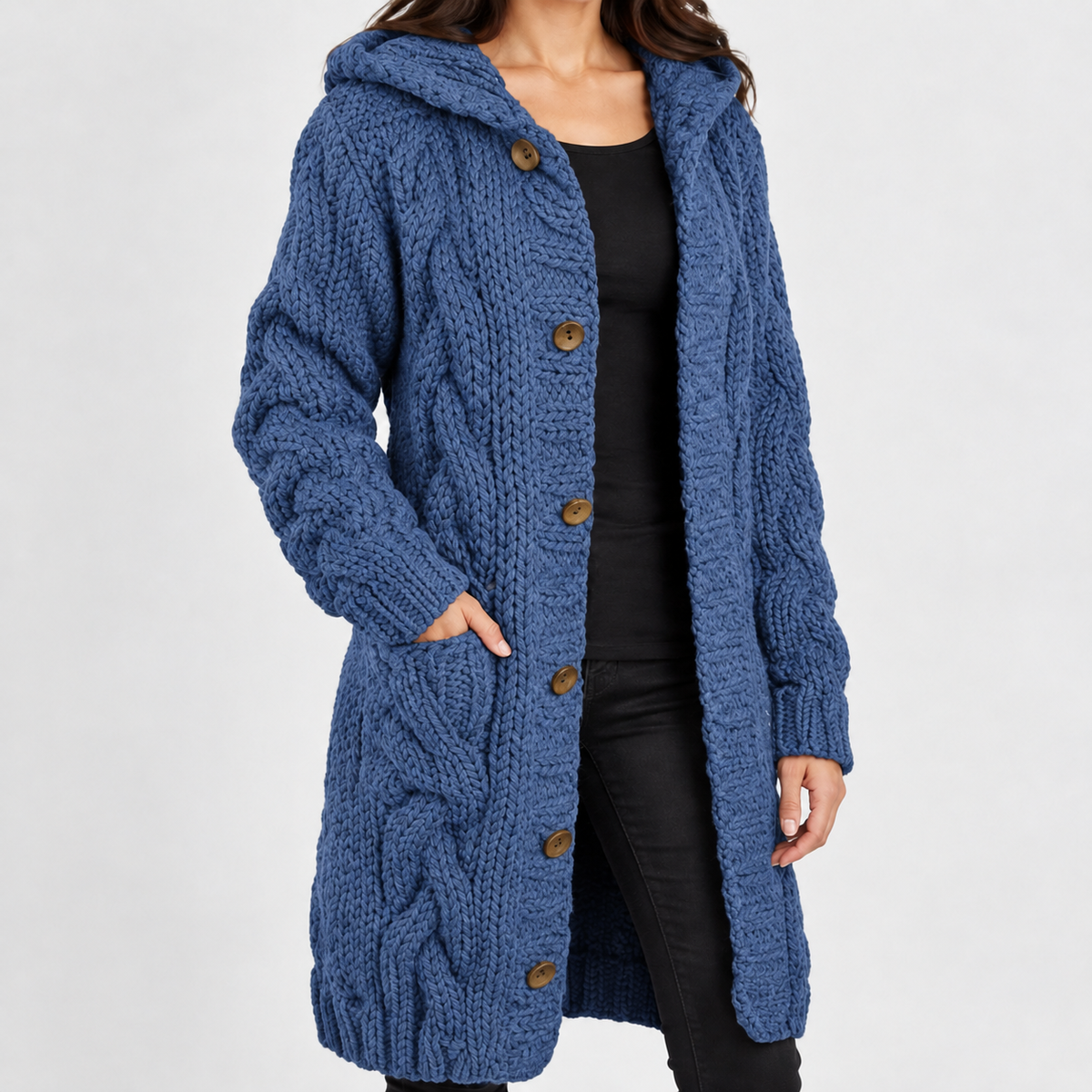 Yondercott Hooded Cable Cardigan - Denim Blue