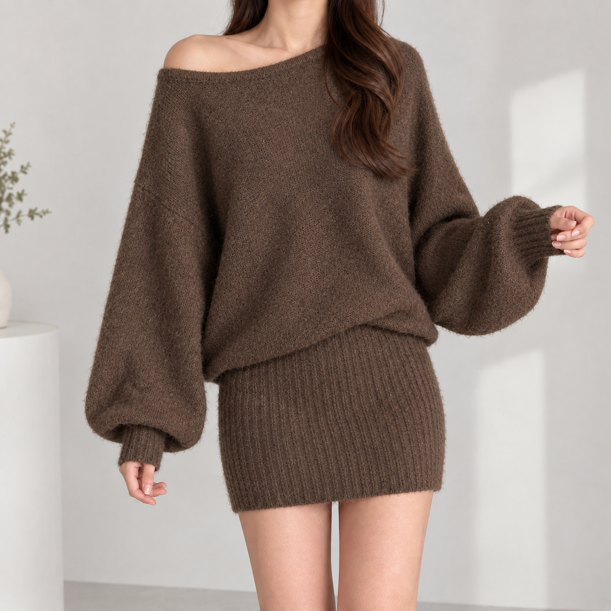 Paula Off-Shoulder Knit Set - Brown