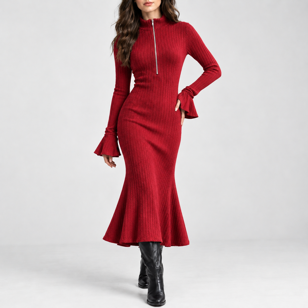Slaidburn Ribbed Zip Dress - Red