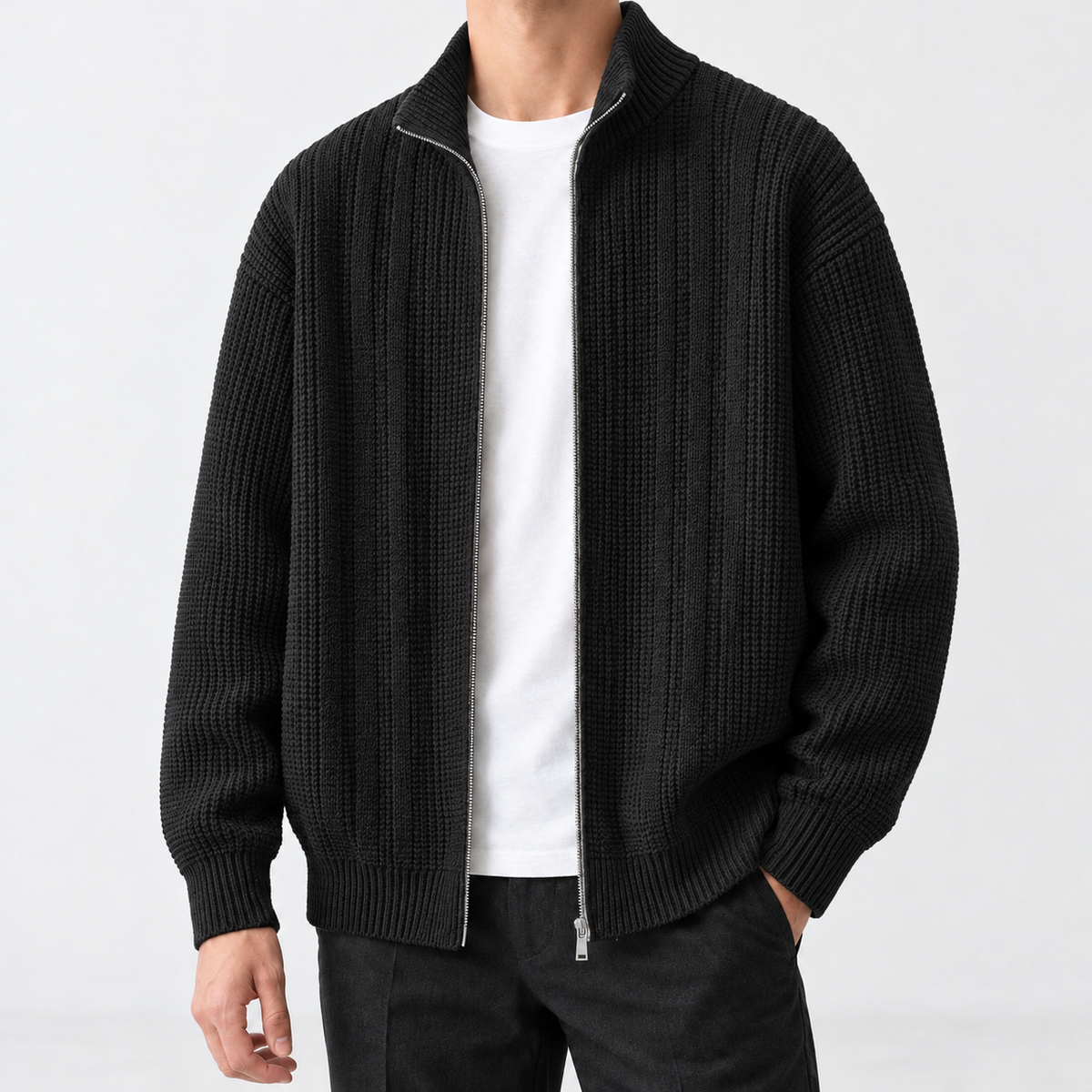 Deancombe Ribbed Zip Cardigan - Black