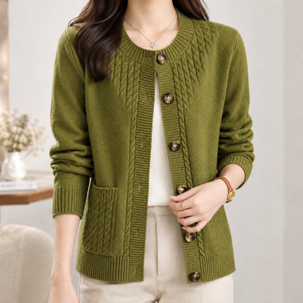 Borrowdale Cable Knit Cardigan - Olive