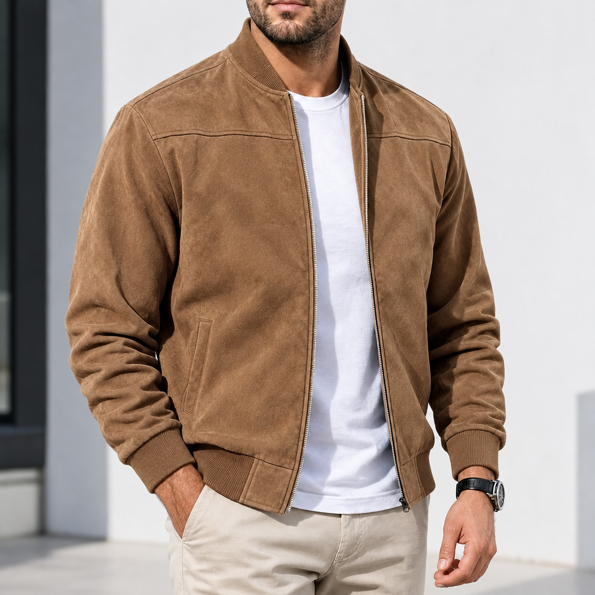 Risbury Suede Bomber Jacket - Caramel Brown